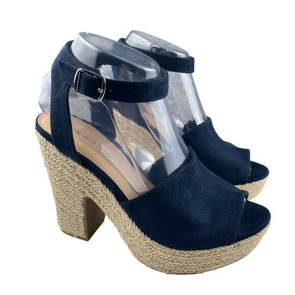 Sun Stone Womens Fey Sandals 7 M Navy Espadrille Platform Block Heel Ankle Strap - Picture 1 of 11